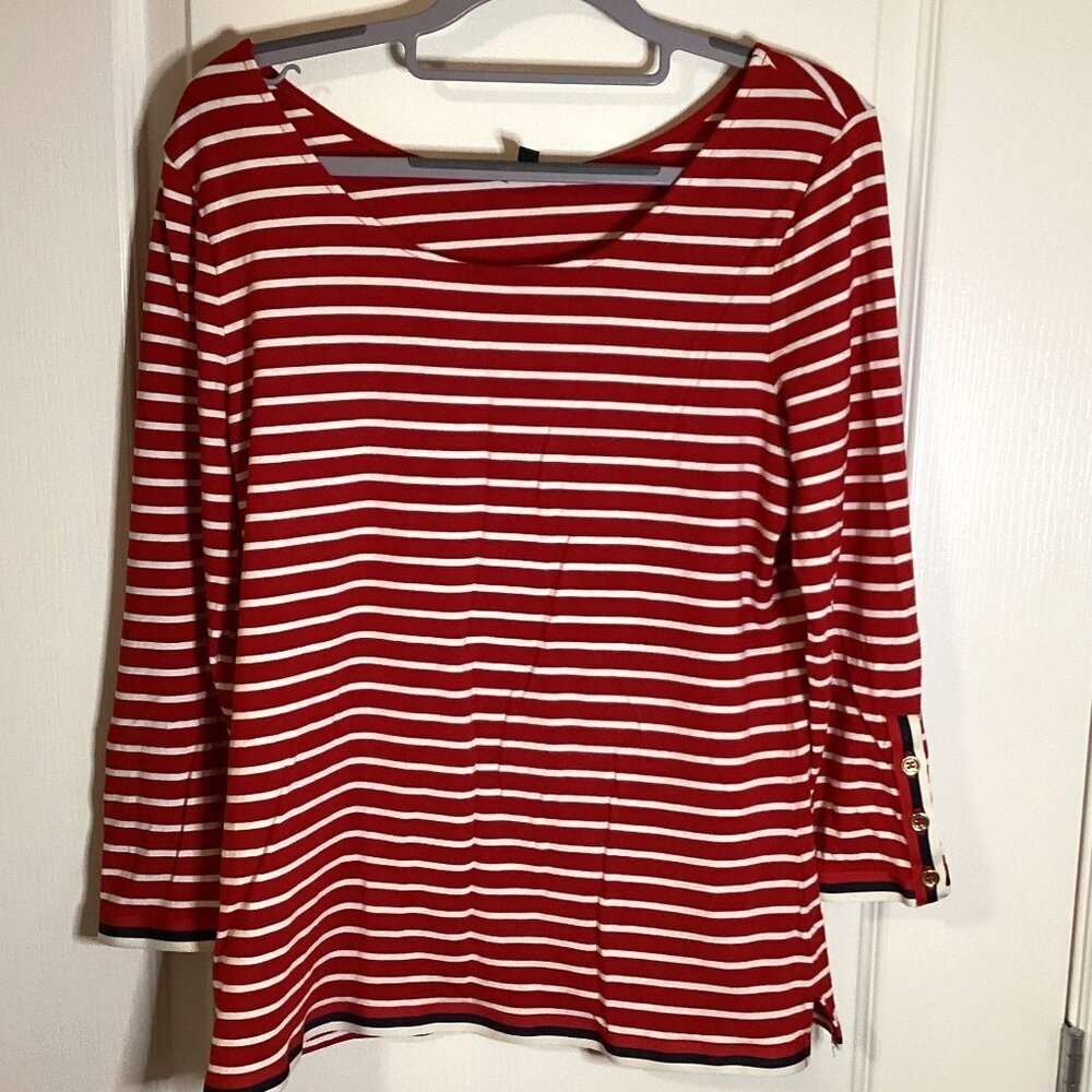 Talbots Women's Red White Strip T-Shirt 3/4 sleeves Size M Stretchy Casual